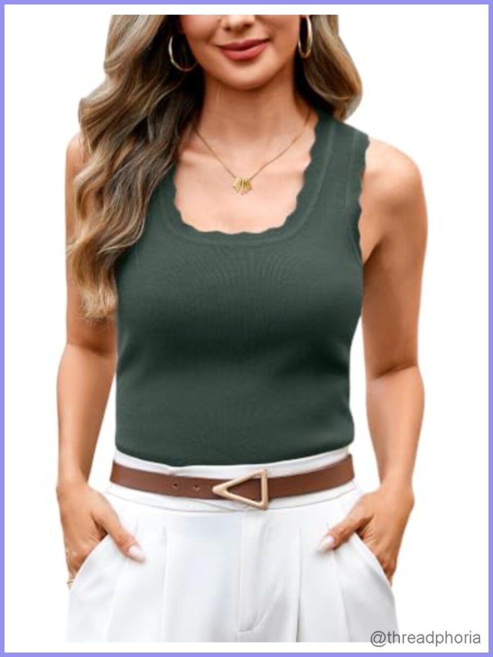 Women's Sleeveless Knit Sweater Vest Square Neck Scalloped Ribbed Tank